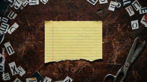 Foto Blank Yellow Torn Note With Newspaper Letters And Scissors