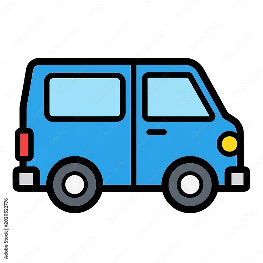 Fototapeta premium An illustration depicting a blue van from a side perspective. It features two windows, round wheels, and various lights. The design uses bold outlines and colors