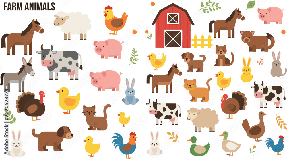 Fototapeta premium Farm Animals and Barn Illustration Set with Cow, Pig, Horse, Chicken, Sheep, Ducks, and Rural Elements for Agriculture, Livestock, and Countryside Design