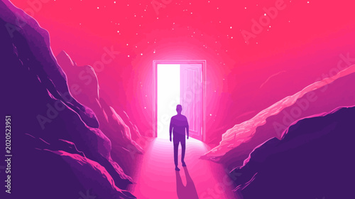 Silhouette of a person walking towards a bright open door in a vibrant pink mountain landscape
