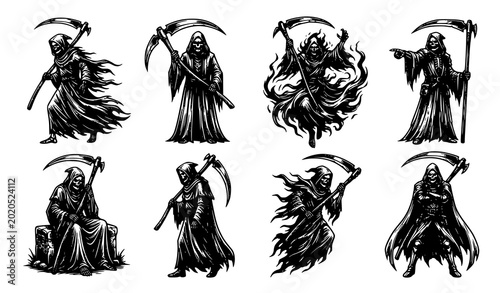 Foto Grim Reaper vector set black white scythe gothic character illustration