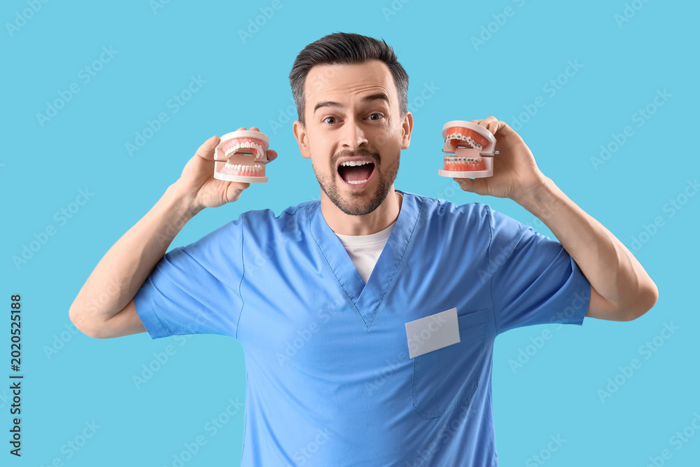 Naklejka premium Portrait of funny male dentist with jaw models on blue background