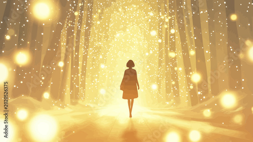 Woman walking through glowing golden forest light with sparkles
