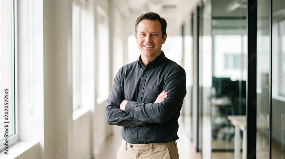 Fototapeta premium Confident middle-aged male professional standing with arms crossed in modern office corridor. Corporate leadership, business management and career success in workplace.