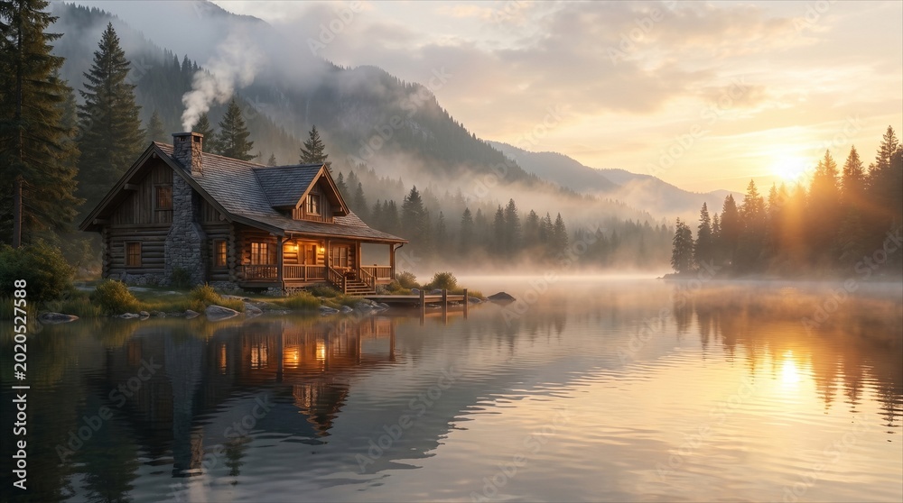 Fototapeta premium Rustic log cabin by a calm lake with mountain mist and golden sunrise reflection