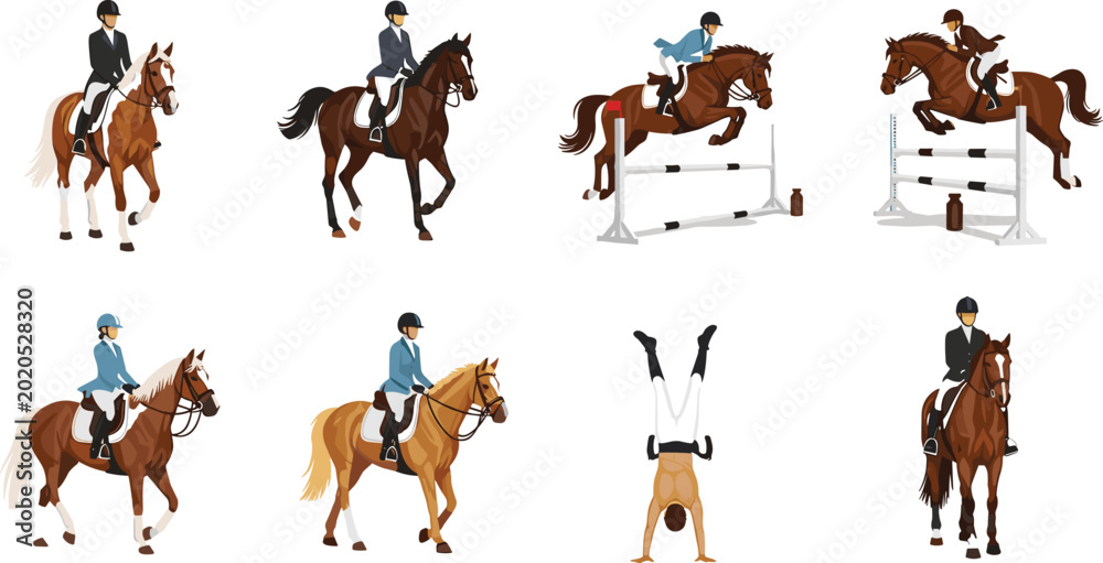 Obraz premium Equestrian Sport Illustration Set with Horse Riding, Show Jumping, Riders, and Training Poses for Competition, Olympic Sports, and Equestrian Design Concepts