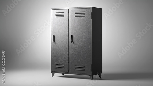 Industrial grey metal gym lockers with ventilation slots and handles on a neutral background