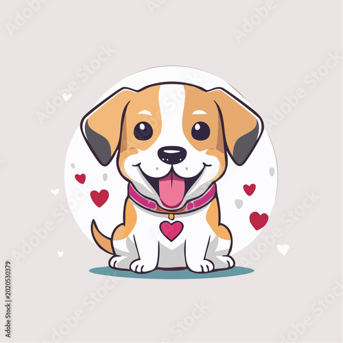 Cute cartoon dog with heart pendant and hearts