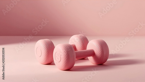 A pair of light pink dumbbells on a soft pink background, perfect for home workouts and fitness routines