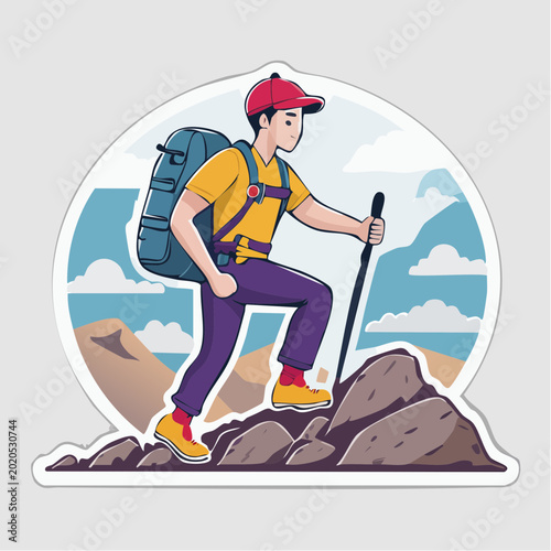 Cartoon Hiker with Backpack and Trekking Pole Climbing Rocky Terrain