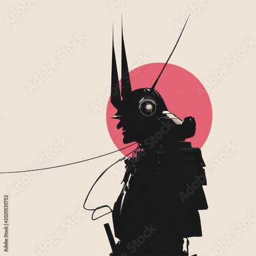 Futuristic Samurai Silhouette with Red Sun