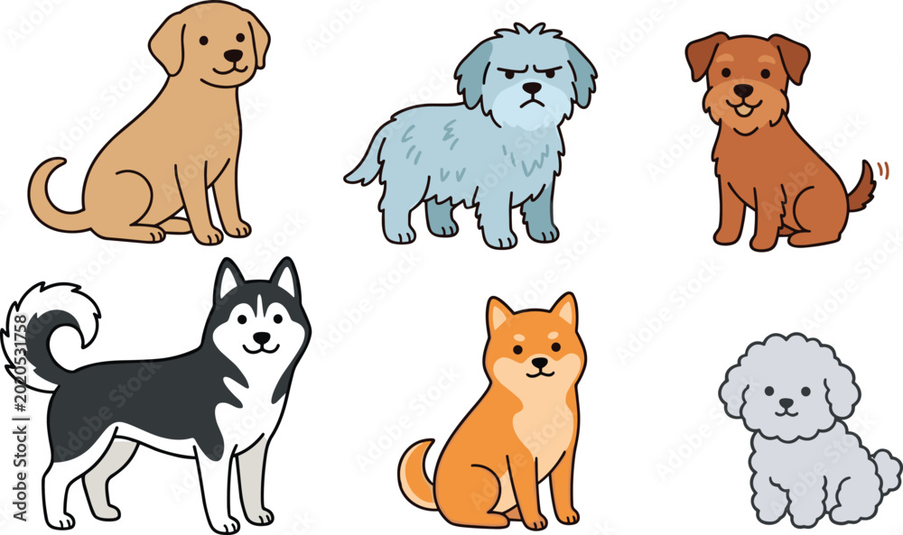 Obraz premium Cute Dog Breeds Illustration Set with Labrador, Husky, Shiba Inu, Terrier, and Poodle in Cartoon Style for Pet Design, Animal Collection, and Kids Concepts
