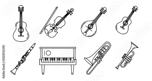 Bild auf Leinwand Musical instruments collection line art illustration featuring guitar violin pia