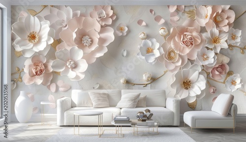 Room with Paper Floral wall and Seating, Backgrounds, decoration or presentation