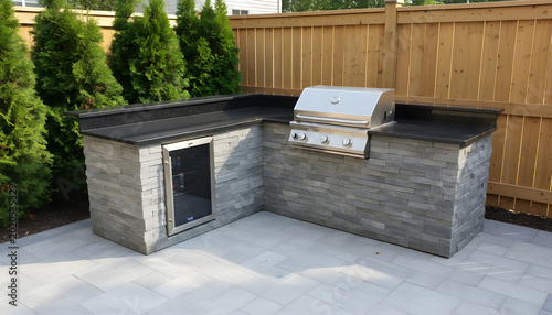 Modern outdoor kitchen featuring built-in bbq grill and beverage fridge