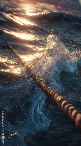 Rope in stormy sea at sunset, used in fishing industry for securing gear or vessel