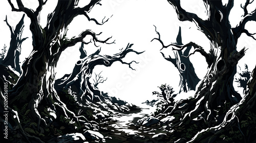 Foto Dark Spooky Forest Path with Twisted Bare Trees and Witch Hat Figure for Hallowe