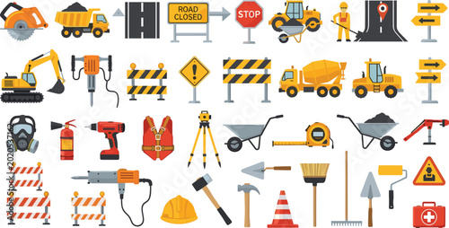 Road Construction and Work Zone Icon Set with Heavy Equipment, Safety Signs, Tools, and Traffic Barriers for Industrial, Engineering, and Infrastructure Design Projects