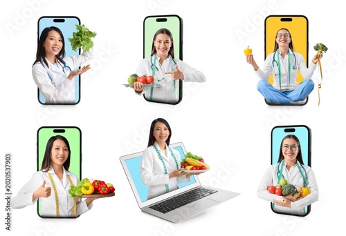 Set of mobile phones and laptop with nutritionists popping out of screens on ...