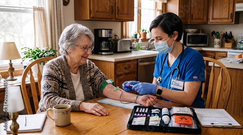 At-Home Healthcare: A compassionate healthcare provider administers care, supporting and ensuring the well-being of the elderly in a familiar environment.