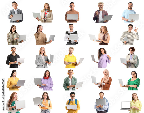 Set of many people with laptops on white background