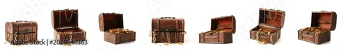 Fotografi Set of old chests with pirate treasures on white background