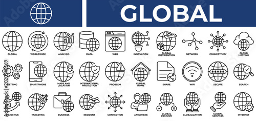 Global icon set collection. Containing services, atlas, share, geography, inspection, decision, insurance .Line vector icons collection