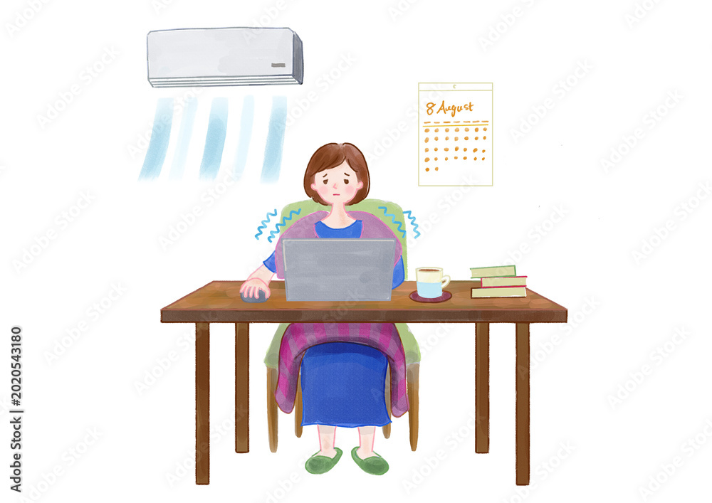 Ταπετσαρία 冷房の効いた部屋で寒さに耐えながら机でパソコンを開き仕事をする女性