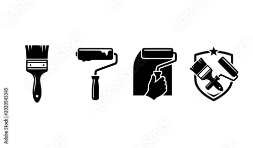 Konstfotografi Black paint brush and roller silhouette icons vector illustration