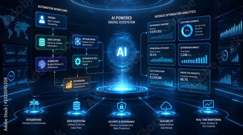 Futuristic AI-Powered Interface Displaying Data Analytics and Information in Blue.