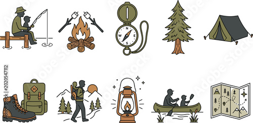 Camping and outdoor adventure vector elements set with father hiking fishing and camping with child