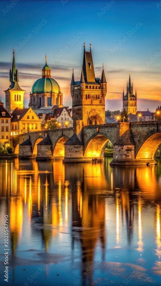 Fototapeta premium A photo of a romantically lit Charles Bridge at twilight, with gothic towers and picturesque buildings illuminated by soft, golden light, reflecting o