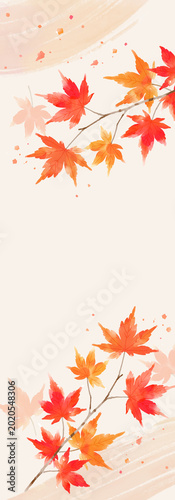 Autumn watercolor maple banner background with Japanese style wash texture and falling leaves