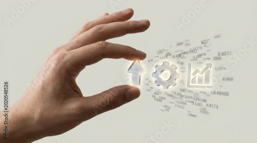 Hand holding digital number representation in a performance metric focus conceptual visualization