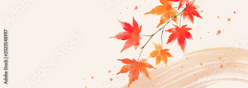 Autumn watercolor maple banner background with Japanese style wash texture and falling leaves