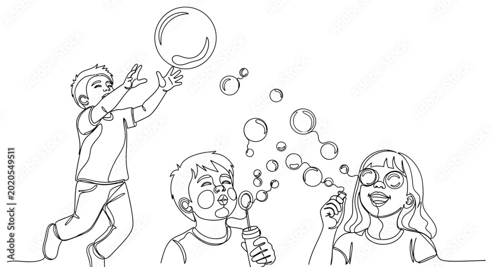 Εκτύπωση καμβά Children blowing and catching bubbles, happy outdoor playtime illustration