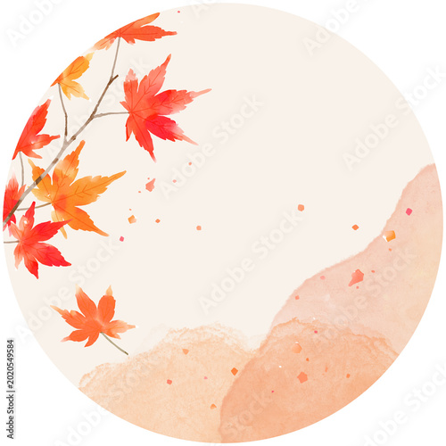 Autumn watercolor maple banner background with Japanese style wash texture and falling leaves