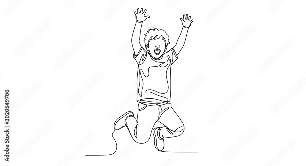 Fototapeta premium Joyful child jumping with excitement, one line art illustration