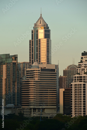 Evening scenic of Skyscraper views in Bangkok from Dusit Central Park in Bangkok capital city , Thailand.