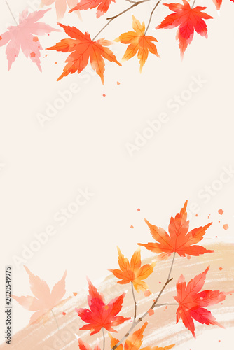 Autumn watercolor maple banner background with Japanese style wash texture and falling leaves