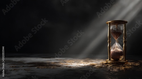 Elegant hourglass casting shadows in dim light, symbolizing the passage of time, reflection, and the inevitability of change in a serene setting