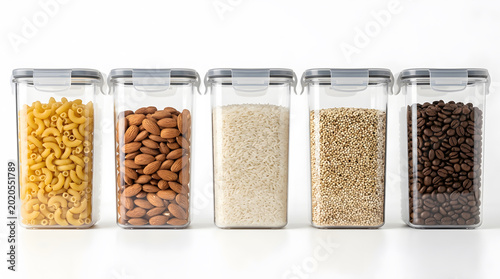 Plastic kitchen containers with dry food storage, row of airtight pantry canisters with pasta, rice, and coffee on white background.