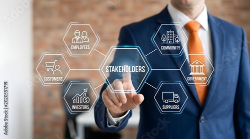 Businessman Interacting with Luminous Stakeholders Diagrams Representing Modern Partnership and Corporate Governance Principles