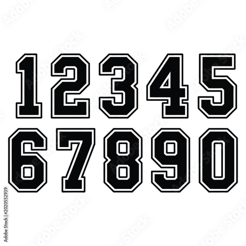 Varsity Sports Numbers Vector Set, Black Outline Athletic Font Collection from 0 to 9 for College Jersey and Team Apparel Design
