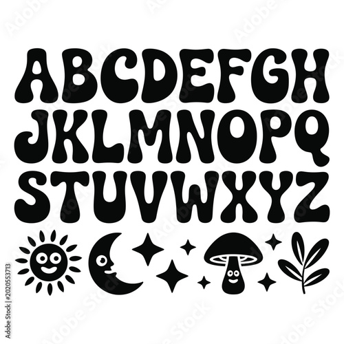 Cute Groovy Alphabet Vector Set - Retro 70s Psychedelic Font with Smiling Nature Icons
