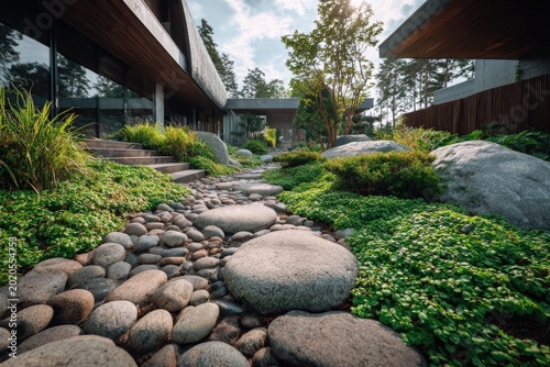Modern home exterior features a rock path, lush greenery, and contemporary architecture