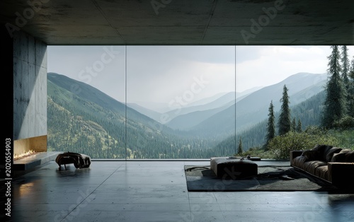Modern interior overlooking mountain valley with large glass windows