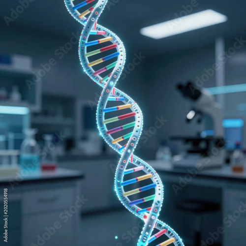 Digital DNA strand glowing in a futuristic laboratory setting.