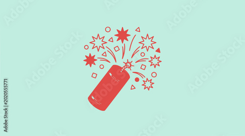 Red firecracker exploding with starbursts and confetti on pastel blue background