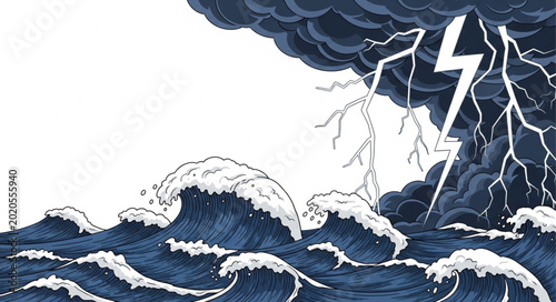 Photos Dramatic Ocean Storm with Lightning and Crashing Waves.